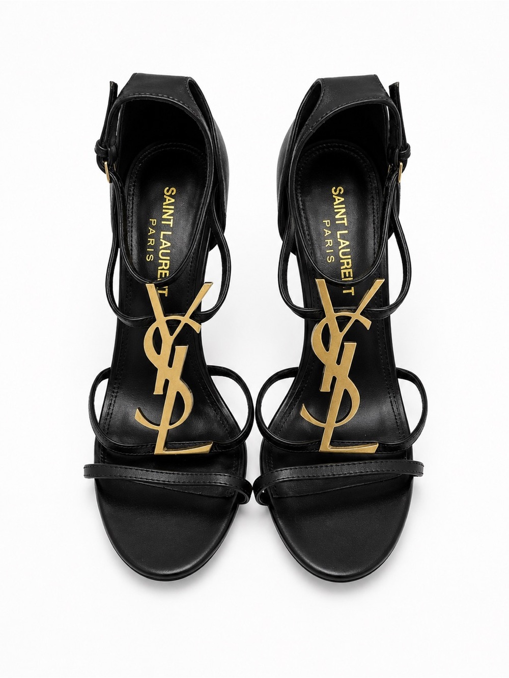 Saint Laurent Cassandra YSL Logo Leather Sandals Heels Black Gold 38 NWOB Italy